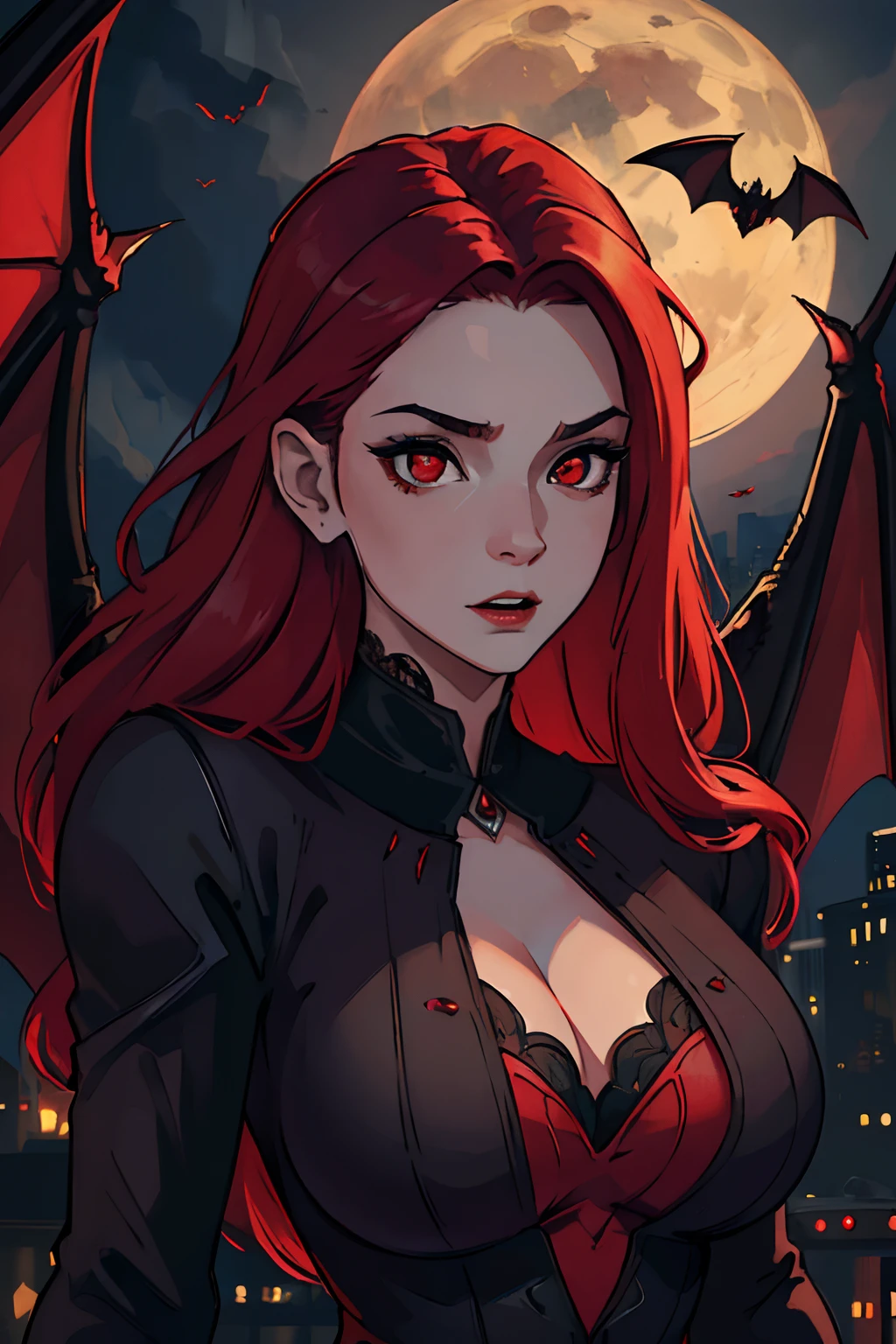 (best quality,4k,highres,masterpiece:1.2),ultra-detailed,vibrant colors,realistic,horror,portrait:1.1,a beautiful and alluring vampire woman with large bat wings, flowing red hair, and mesmerizing red eyes, revealing neckline, night, cityscape, blood, eerie lighting, big boobs