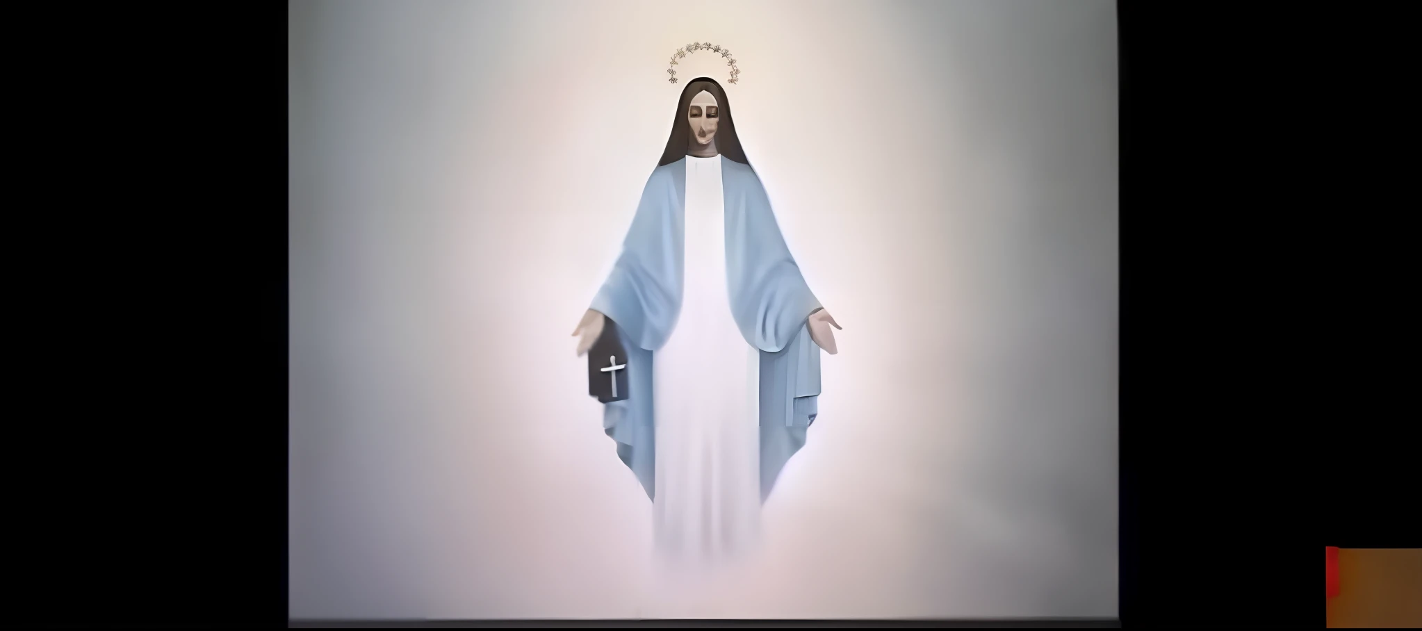 photo of the Most Holy Virgin of Mount Carmel, a white dress with blue robe and a crown of small golden stars, her feet are not visible, her hands interspersed with the scapular on her right wrist, the scapular is brown;, her hair is long, brown and dark and with the scratch in the middle, she has an oval face and her nose is long and delicate, her mouth is very beautiful on full lips, the color of her face is dark;