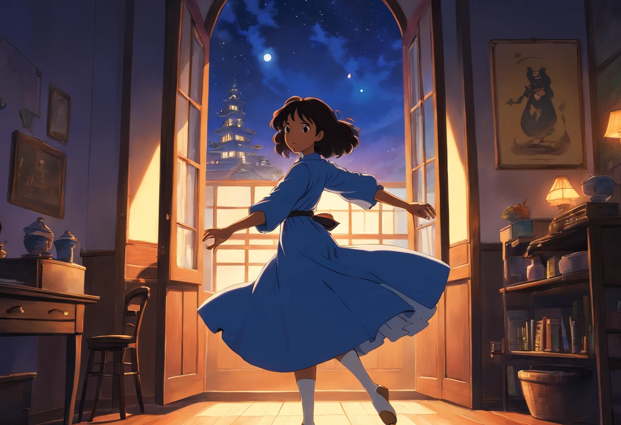 uma mulher negra de cabelo longo e crespo, Dancing in a room lit by the moonlight coming in through the window.