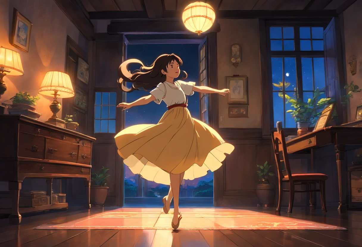 uma mulher negra de cabelo longo e crespo, Dancing in a room lit by the moonlight coming in through the window.