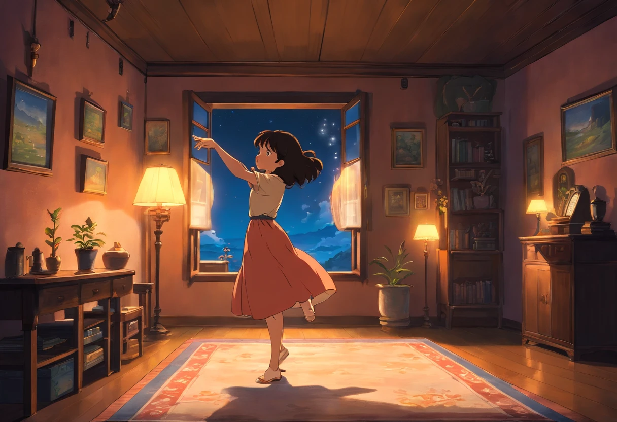 uma mulher negra de cabelo longo e crespo, Dancing in a room lit by the moonlight coming in through the window.