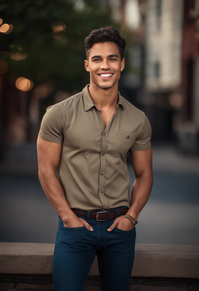 mixed race young man,beautiful detailed blue eyes,dark hair,dark shirt and blue jeans,confident expression,sharp jawline,vibrant skin,smiling,handsome face,standing pose,city backdrop,professional studio lighting,realistic,photorealistic:1.37,portraits,vivid colors,cool tone,soft lighting