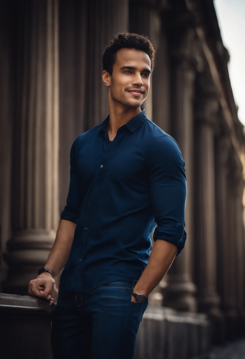 mixed race young man,beautiful detailed blue eyes,dark hair,dark shirt and blue jeans,confident expression,sharp jawline,vibrant skin,smiling,handsome face,standing pose,city backdrop,professional studio lighting,realistic,photorealistic:1.37,portraits,vivid colors,cool tone,soft lighting