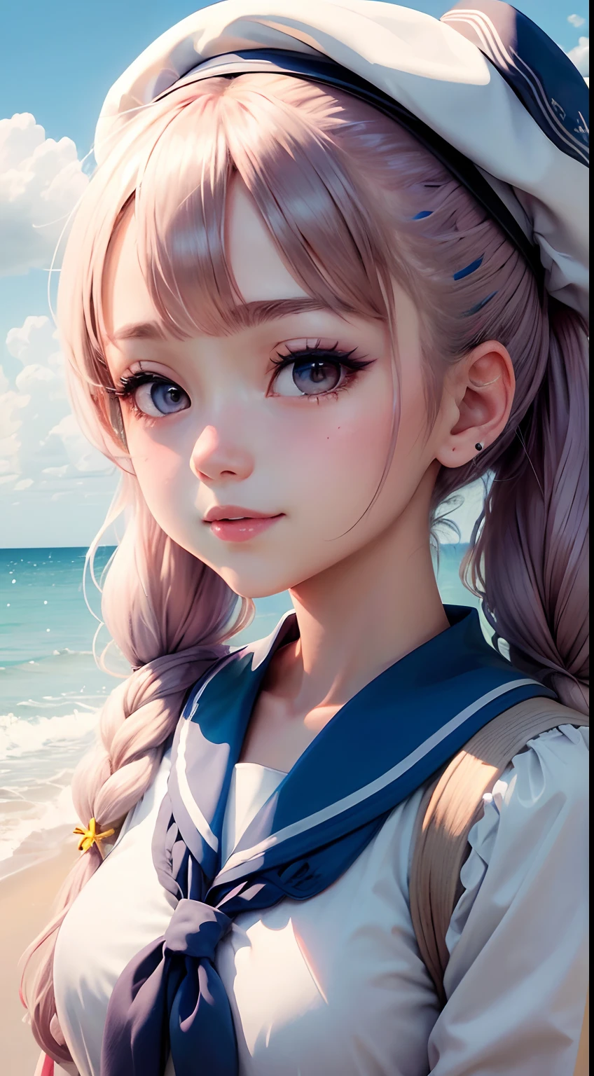 girl girl ((masterpiece,best quality)), (close_up), head_sculpture, 1girl, solo, (low twintails:1.1), light_smile, yurisaki_mika, white_beret, mika_serafuku, sailor_collar, mika_halo, flower_hair_ornaments, multiple_wings, blue_sky, clouds