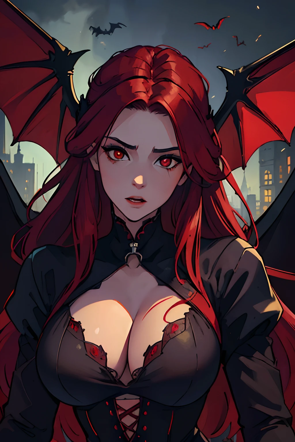 (best quality,4k,highres,masterpiece:1.2),ultra-detailed,vibrant colors,realistic,horror,portrait:1.1,a beautiful and alluring vampire woman with large bat wings, flowing red hair, and mesmerizing red eyes, revealing neckline, night, cityscape, blood, eerie lighting, big 