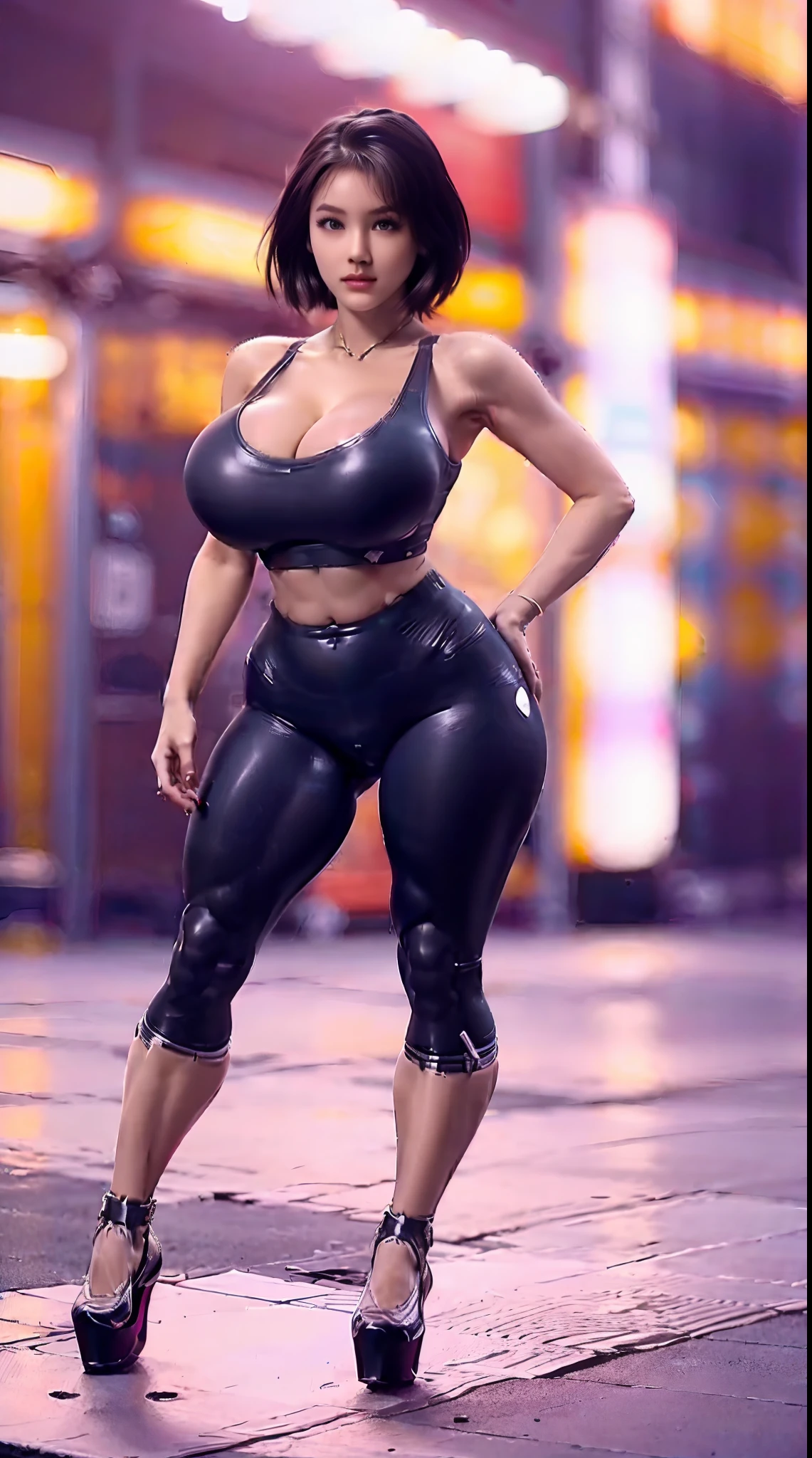 HUGE FAKE BOOBS, (BEAUTIFUL FACE), SHORT HAIR, (RGB), (FUTURISTIC MECHA BRA), (CLEAVAGE), (SKINTIGHT YOGA PANTS), (HIGH HEELS), (PERFECT BODY:1.2), (SEXY LONG LEG), (FULL BODY:1.3), FRONT, (STANDING:1), SEXY BODY, EXPOSE MUSCLE ABS, UHD, 8K, 1080P.