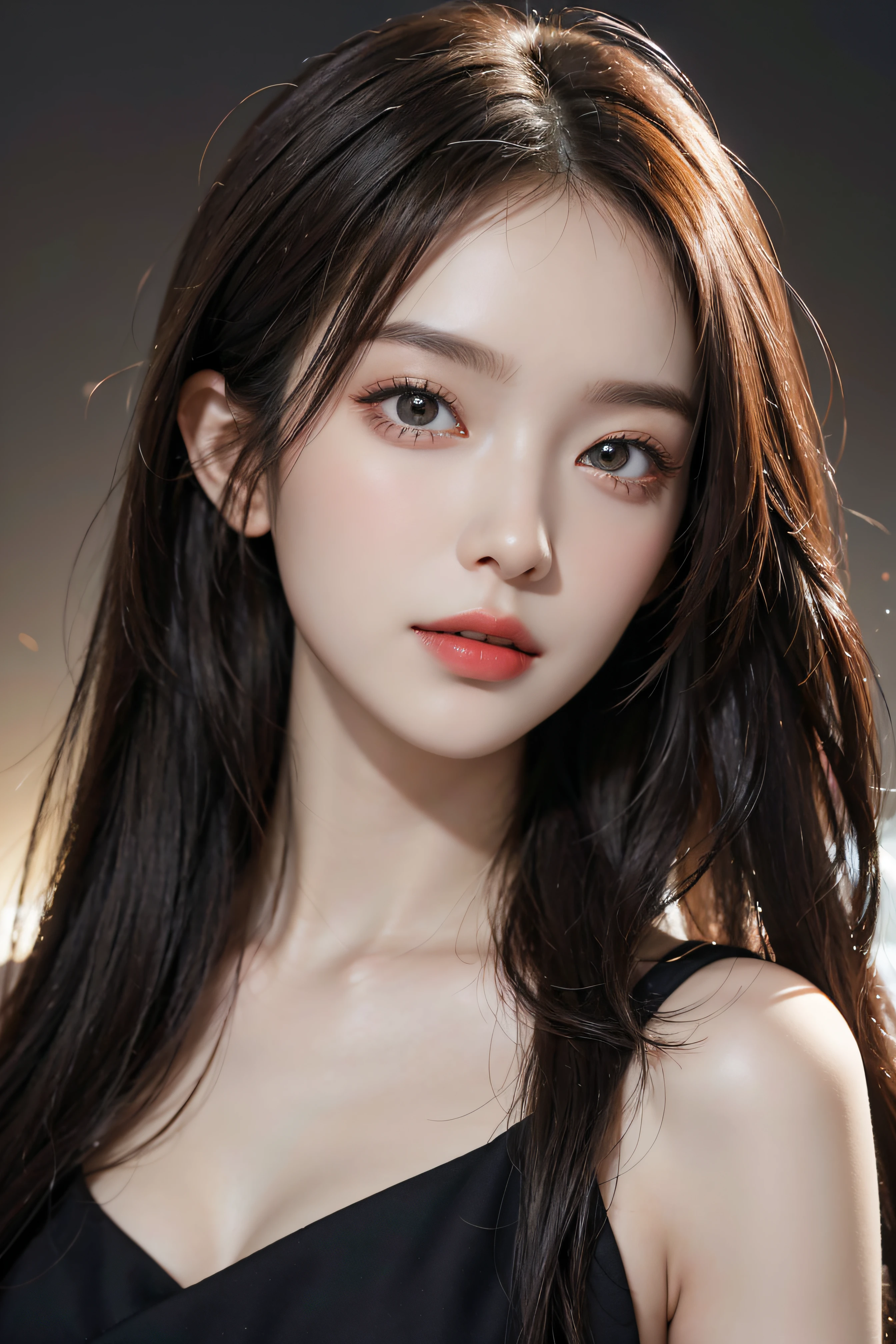 Portrait of 1girl, Extreme picture quality, Highest accuracy, (cg unity (Extreme) Detail 8K wallpaper, Masterpiece, Best quality:1.2), high detal, Best image quality, Amazing scenery, Surreal, Realistic, a beauty girl, A young girl, lipsticks, Peerless beauty, Messy black straight hair, Long hair (Coiled hair) Smooth hair, Intense and beautiful makeup, Exquisite and perfect facial features, the most beautiful big eyes, Be red in the face, Sweet smile, Full breasts, dynamic angle, Beautiful, Sexy, The figure is stunning, Perfect body beauty, full bodyesbian, Stylish, Long hair, Slim waist, Very detailed facial and skin structure, Fair skin, Harmonious facial details, Fair skin, Charming smile, sparkle eyes, soulful eyes, pretty eyes, Double eyelids, Get close to the viewer, Camera angle