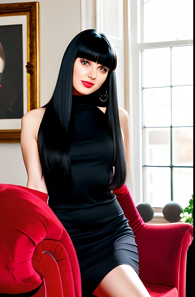 1 girl with long straight black hair and bangs on her forehead sitting on a red armchair holding the telephone handset in a sexy photo pose, wearing a black turtleneck dress and bold red lipstick, living room setting with red roses beside in a vase , masterpiece, maximum details, HDR, UHDR, maximum details, perfect face, real body, realistic photo