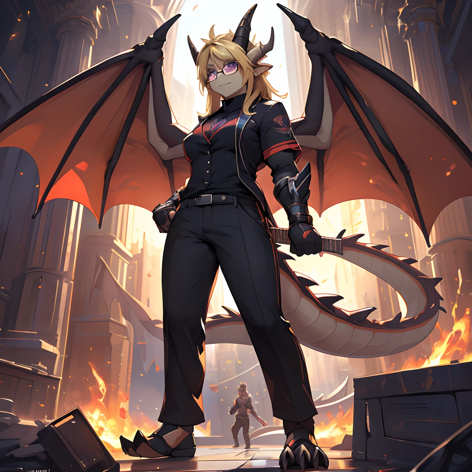 (masterpiece, best quality, high quality, highres:1.4), detailed, extremely detailed, ambient soft lighting, 4K, by (by Pino Daeni, (by ruaidri), yupa, kiyosan,(by meesh), (by fffffolder)), delga: (slim, athletic, dragon, yellow body, smooth skin, athletic muscle, anthro legs, (dragon feet), (toe claw), purple eyes, blonde spikes, girl, girl, girl, female, breasts, curvy, (detailed eyes), dragon horn, dragon tail, two wings, dragon wings, wings on back, star shaped glasses, sunglasses, electric guitar, evil, evil, evil, evil, fire , red, chaos, (clothing, (topwear: suit, black shirt), handwear:(none), bottomwear:(pants:black, [[leg armor]]))), handsome, closed_mouth, ((serious_look, serious)) tag:1girl), standing, performing, playing electric guitar, portrait