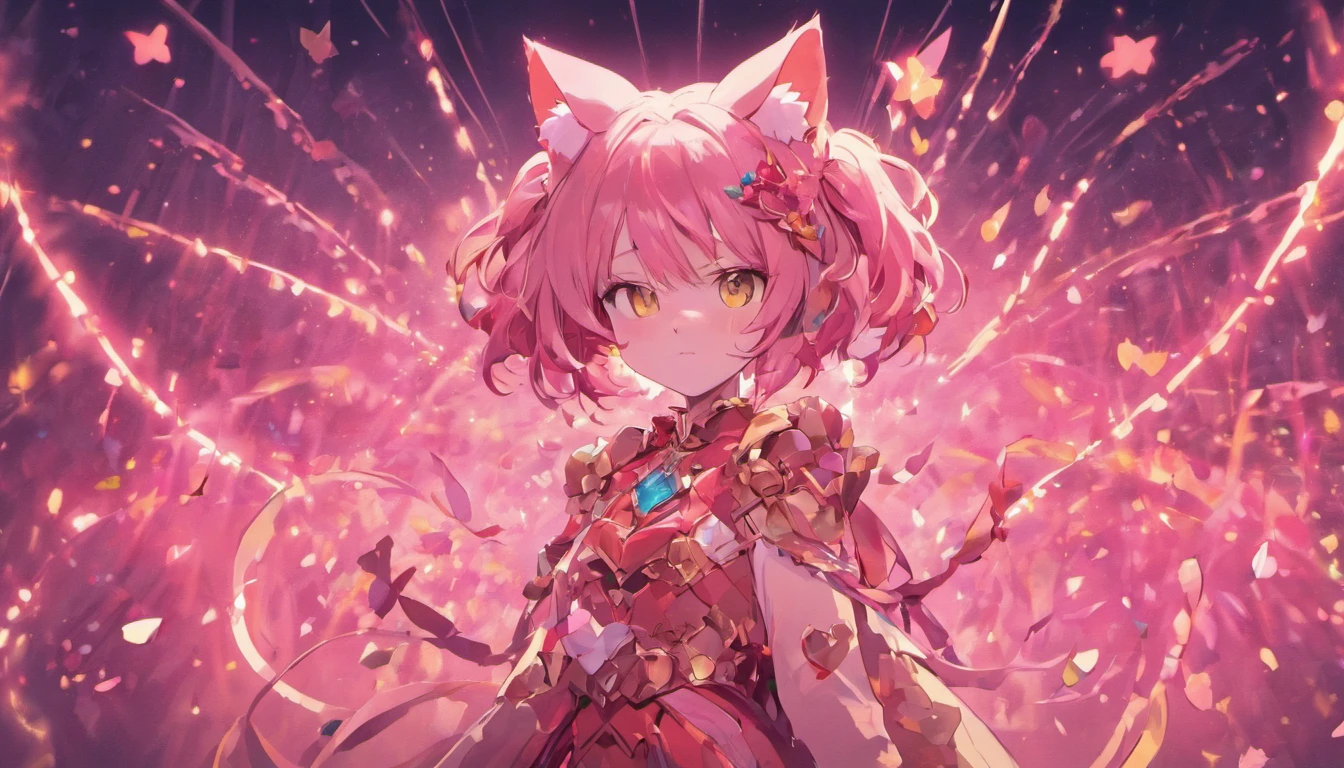 Anthropomorphic mature pink cat, orelhas de gato, Pernas e orelhas alongadas,Trajes cyberpunk rosas e vremelhas, crown on the head between,Nitidez da imagem,Nitidez de cena,Character traits,Desenho detalhado de caracteres,Desenho detalhado da cena,rosto delicado,profundidade de campos,Particle light effects,rico em detalhes