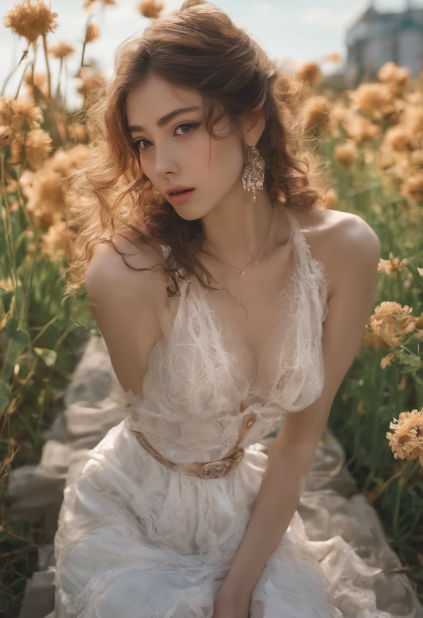 best qualtiy,tmasterpiece,超高分辨率,(realisticlying:1.4),malcolm liepke painting, glossy painting, suggestive poses, artistic expression, erotic fantasies, Fine paintings (N4T3 mm:0.99), A 20-year-old woman, stand posture,Brown hair long, 耳Nipple Ring,choker necklace,Issuing,White dress long dress,white wedding gown,Solid color panties,Bare legged,long leges,high-heels,In the daytime, flower field, (Masterpiece:1.2) (Photorealistic:1.2) (Bokeh) (Best quality) (Detailed skin:1.2) (Intricate details) (In the daytime) (8K) (hdr) (Cinematic lighting) (Sharp focus), (Looking at the camera:1.1), ((closeup portrait:1.2)), (Earrings)