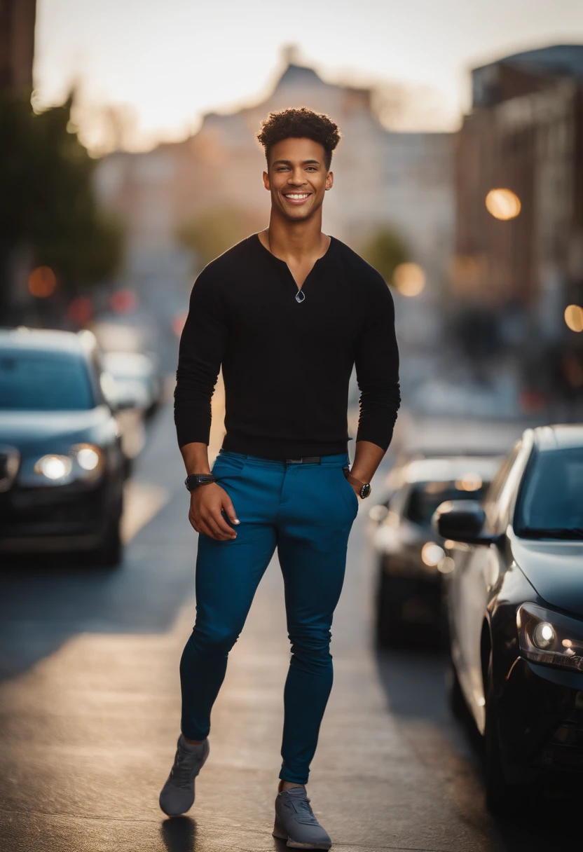 mixed race young man,beautiful detailed blue eyes,dark hair,Nike outfit ,confident expression,sharp jawline,vibrant skin,smiling,handsome face,standing pose,city backdrop,professional studio lighting,realistic,photorealistic:1.37,portraits,vivid colors,cool tone,soft lighting