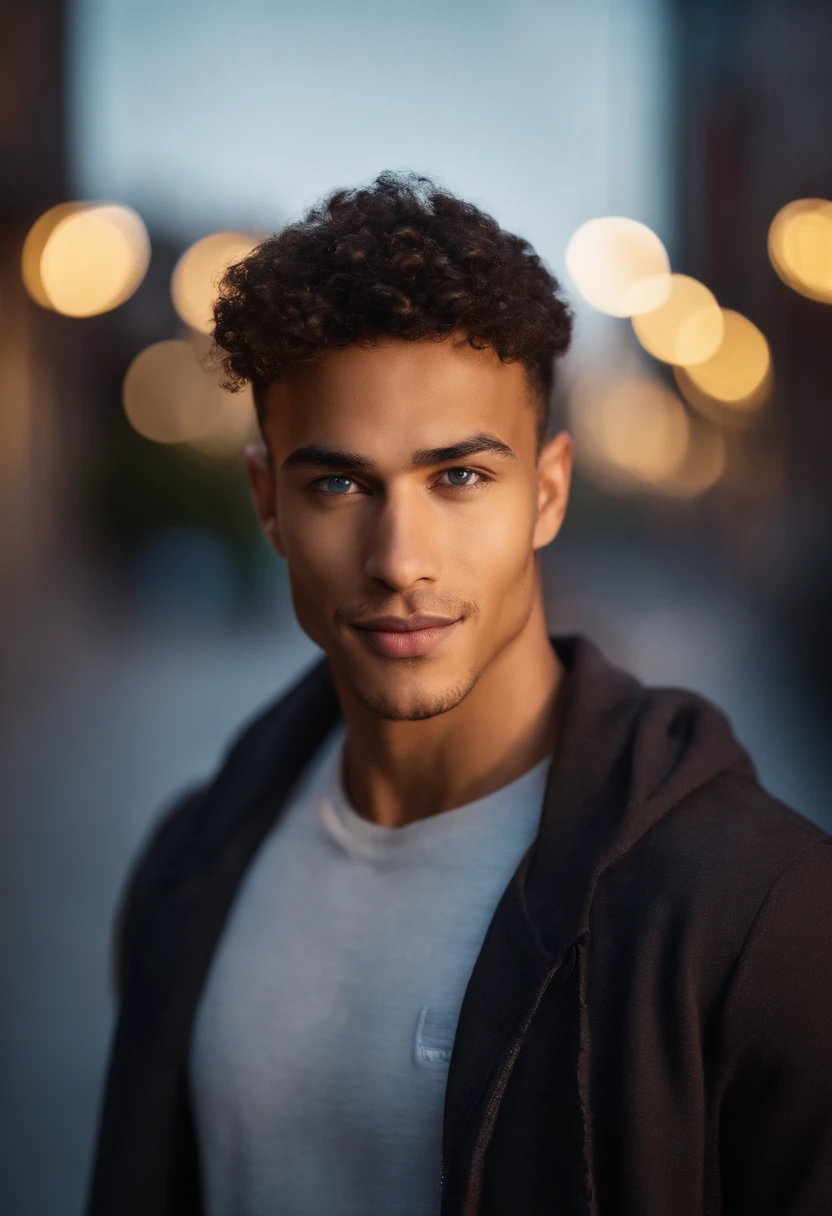 mixed race young man,beautiful detailed blue eyes,dark hair,Nike outfit ,confident expression,sharp jawline,vibrant skin,smiling,handsome face,standing pose,city backdrop,professional studio lighting,realistic,photorealistic:1.37,portraits,vivid colors,cool tone,soft lighting