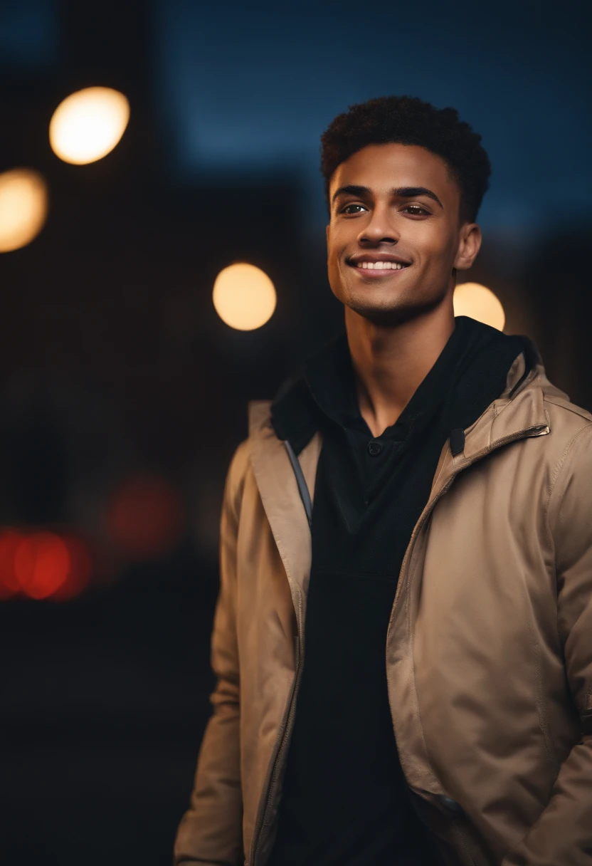 mixed race young man,beautiful detailed blue eyes,dark hair,Nike outfit ,confident expression,sharp jawline,vibrant skin,smiling,handsome face,standing pose,city backdrop,professional studio lighting,realistic,photorealistic:1.37,portraits,vivid colors,cool tone,soft lighting