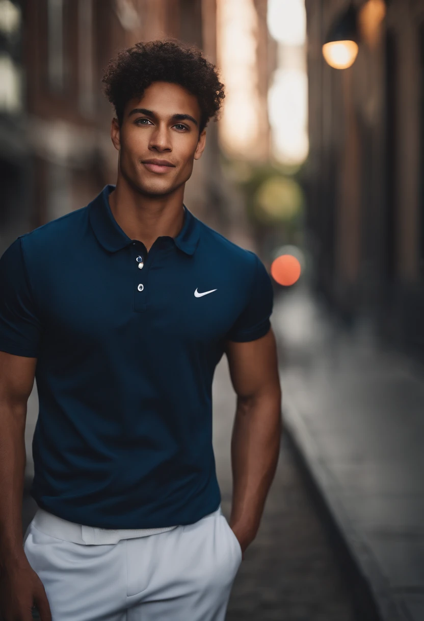 mixed race young man,beautiful detailed blue eyes,dark hair,Nike outfit ,confident expression,sharp jawline,vibrant skin,smiling,handsome face,standing pose,city backdrop,professional studio lighting,realistic,photorealistic:1.37,portraits,vivid colors,cool tone,soft lighting