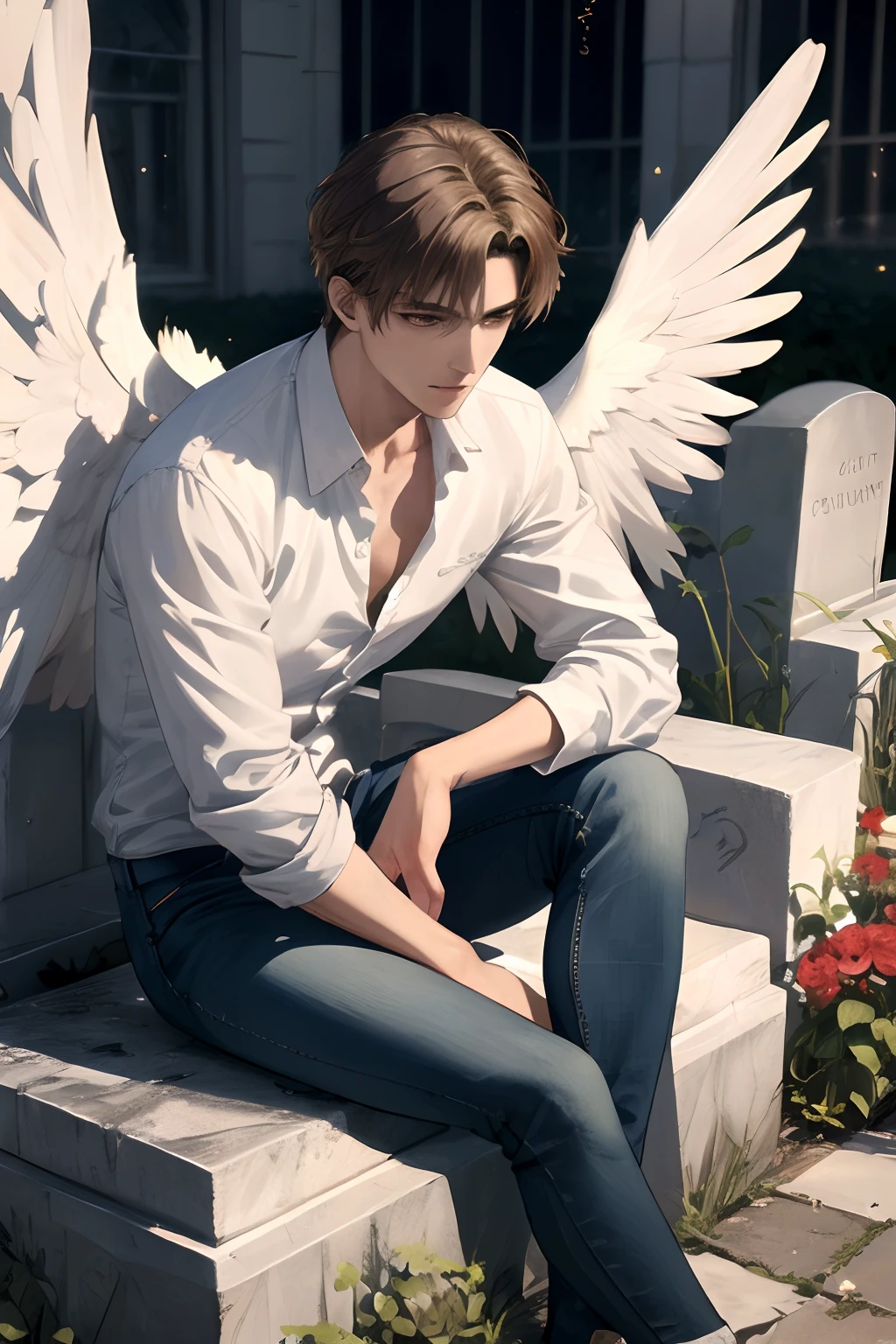 Alafed man sitting in grave with wings on his head, young wan angel, artwork in the style of guweiz, Handsome Anime Pose, full - body majestic angel, by Shitao, Fallen Angel, winged boy, by Yang J, guweiz on pixiv artstation, guweiz, guweiz masterpiece