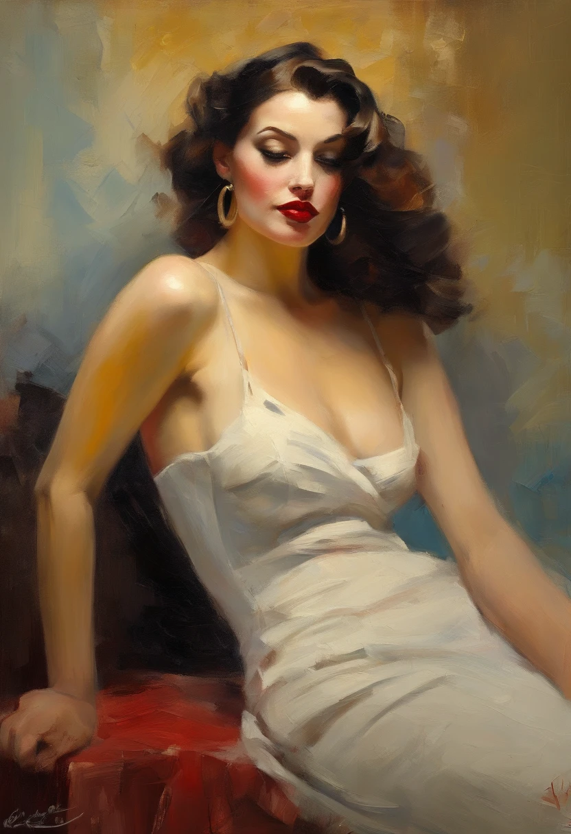 sexy, glamorous pin-up girl wearing a sailors hat, bikini, A painting of a woman wife ((golden ratio}} laying on the bed after a long night on the town, a sensual painting, a Beautiful expressive painting, malcolm liepke painting, glossy painting, beautiful digital painting, digital art painting, Fine paintings, monochromatic. malcolm liepke oil painting, impressionist painting.Spread your legs apart, beautiful and delicate face, fair skin, celebrity