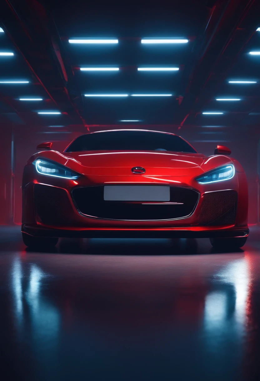 red car in the studio, red and blue lighting, landscape, 3d render, machine icons in 3d around the car