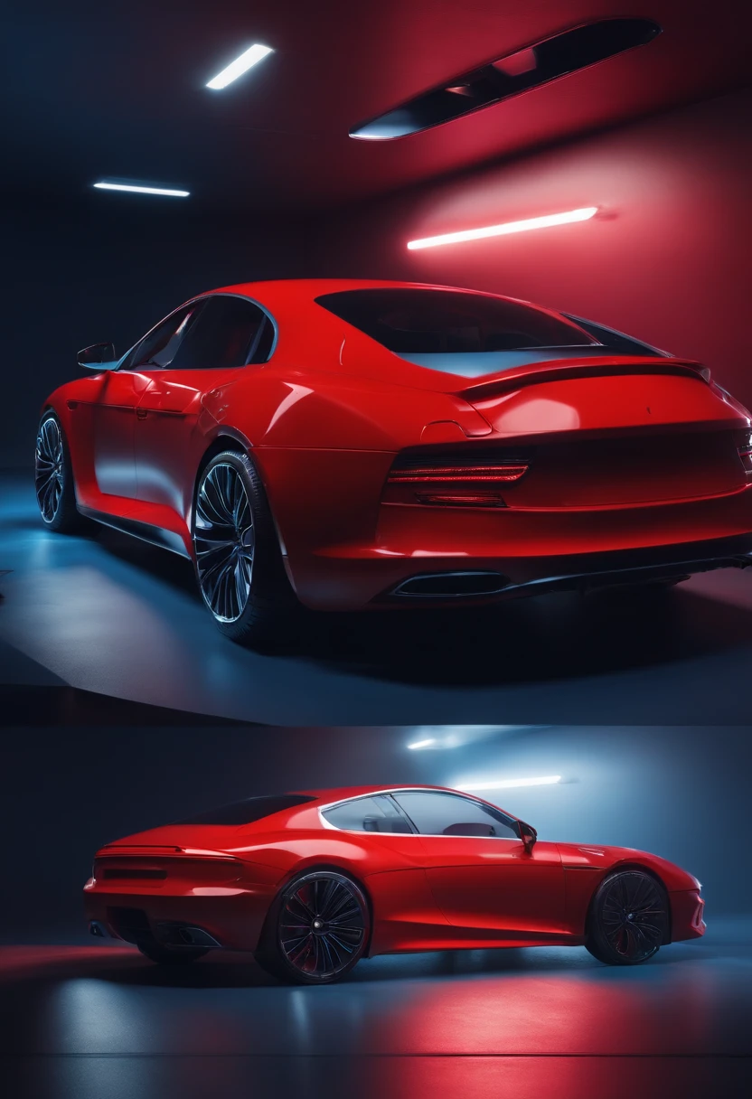 red car in the studio, red and blue lighting, landscape, 3d render, machine icons in 3d around the car