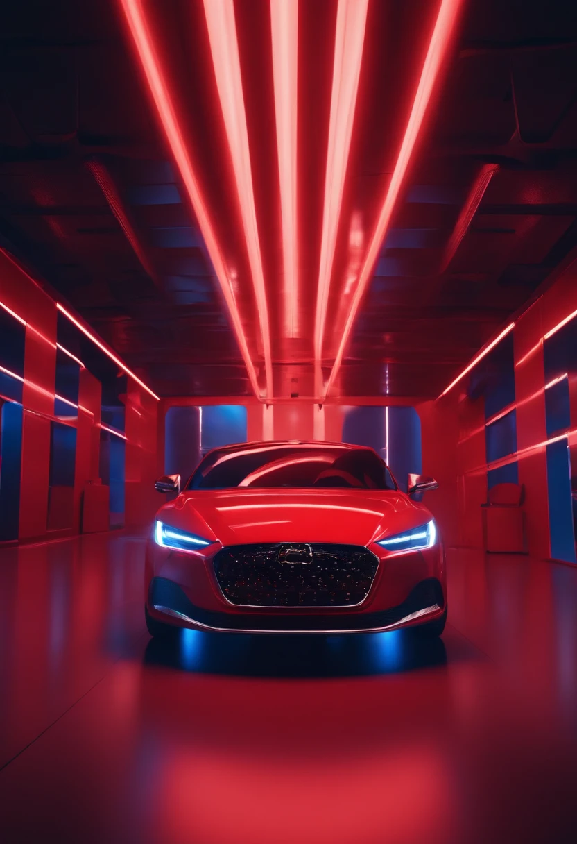 red car in the studio, red and blue lighting, landscape, 3d render, machine icons in 3d around the car