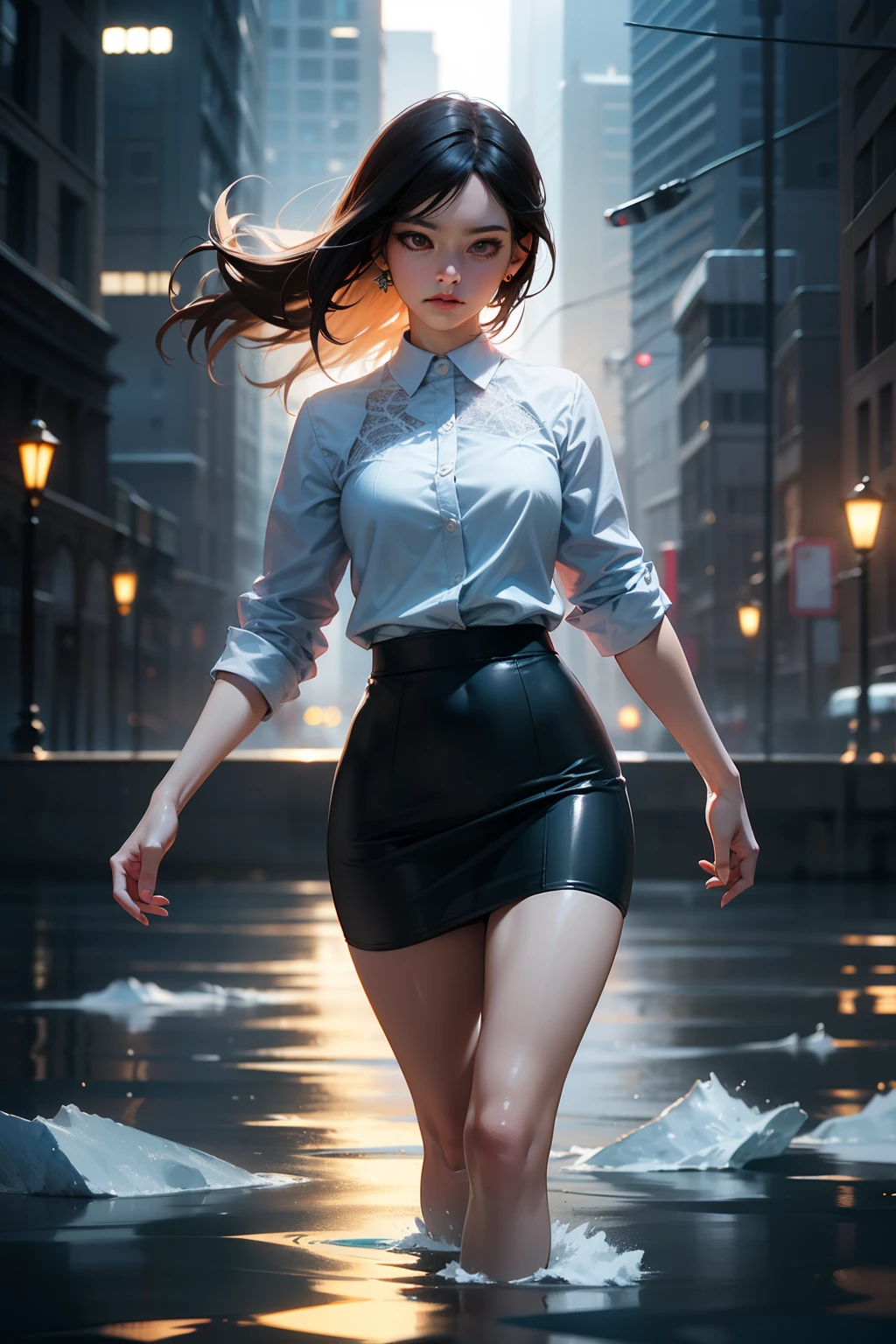 masterpiece, delicate aesthetics, cinematic lighting, night city scene, wide shot from a distance at eye level, looking at a mature woman (adult female) standing still on a sidewalk under a very tall streetlamp, the warm light shining directly down on her from above, illuminating her face and figure from afar, wearing a white shirt, a black mini skirt, and long black stockings, elegant yet subtly ????, her long black hair damp from the rain, soaked clothes clinging to her skin, raindrops visibly falling heavily onto her body and face, holding a white shopping bag in front of her, visible from a distance, raindrops splashing against her skin and the sidewalk, captured in high-speed camera, mid-air, frozen in slow motion, close-up of individual water droplets suspended in the air before landing on her skin and the wet sidewalk, reflections on the wet surface, steam and mist rising around her, surrounded by tall skyscrapers, dramatic and atmospheric