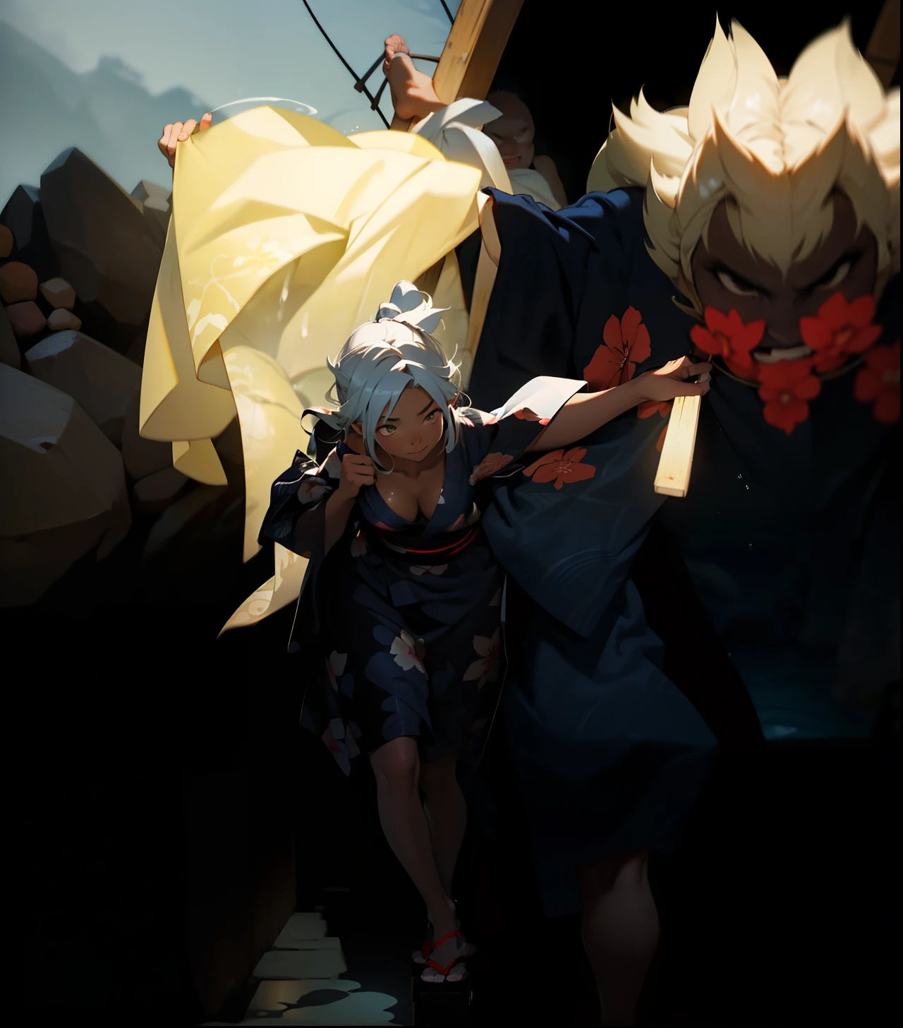 There is a woman who is in onsen,(((Un MILF: 1.4))), (curva:1.35),(((dark skin))),Curvy physique,, cuerpo grueso，((big nipple)),((completamente desnudo)), (((Frotarse los senos debajo de Yukata))),((Yukata transparente)),(piernas abiertas),((pubic hair)), onsen de gama alta, onsen, Sakimichan, model in Japan，((sexual suggestion)),
