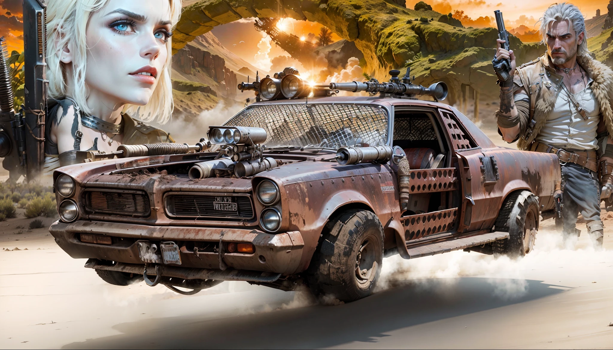 Um Pontiac voador grunge e armado no estilo Mad Max, behind a beautiful blonde warrior with red lipstick and armed with a pistol, do outro lado um guerreiro como um personagem do Mad Max e segurando uma arma e ao fundo um arco numa pedreira e o deserto sem fim, tudo com a cor alaranjada de sol como em Mad Max