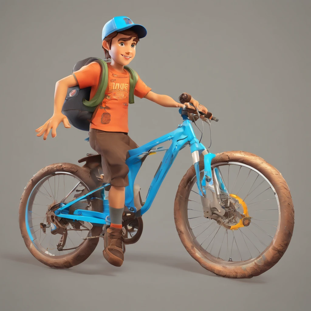 vector t-shirt art ready to print blue backpack and bicycle of boy in cap with graffiti illustration, male child, messy brown hair, indian shaped hair, cute outfit, blue, smiling, brown eyes, brown hair, photo of action, vibrant color, high detail, white background, mind-blowing, multiple poses and expression.