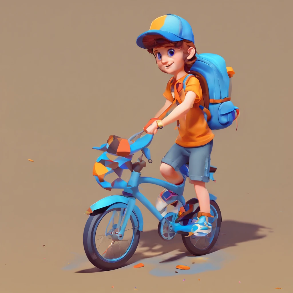 vector t-shirt art ready to print blue backpack and bicycle of boy in cap with graffiti illustration, male child, messy brown hair, indian shaped hair, cute outfit, blue, smiling, brown eyes, brown hair, photo of action, vibrant color, high detail, white background, mind-blowing, multiple poses and expression.