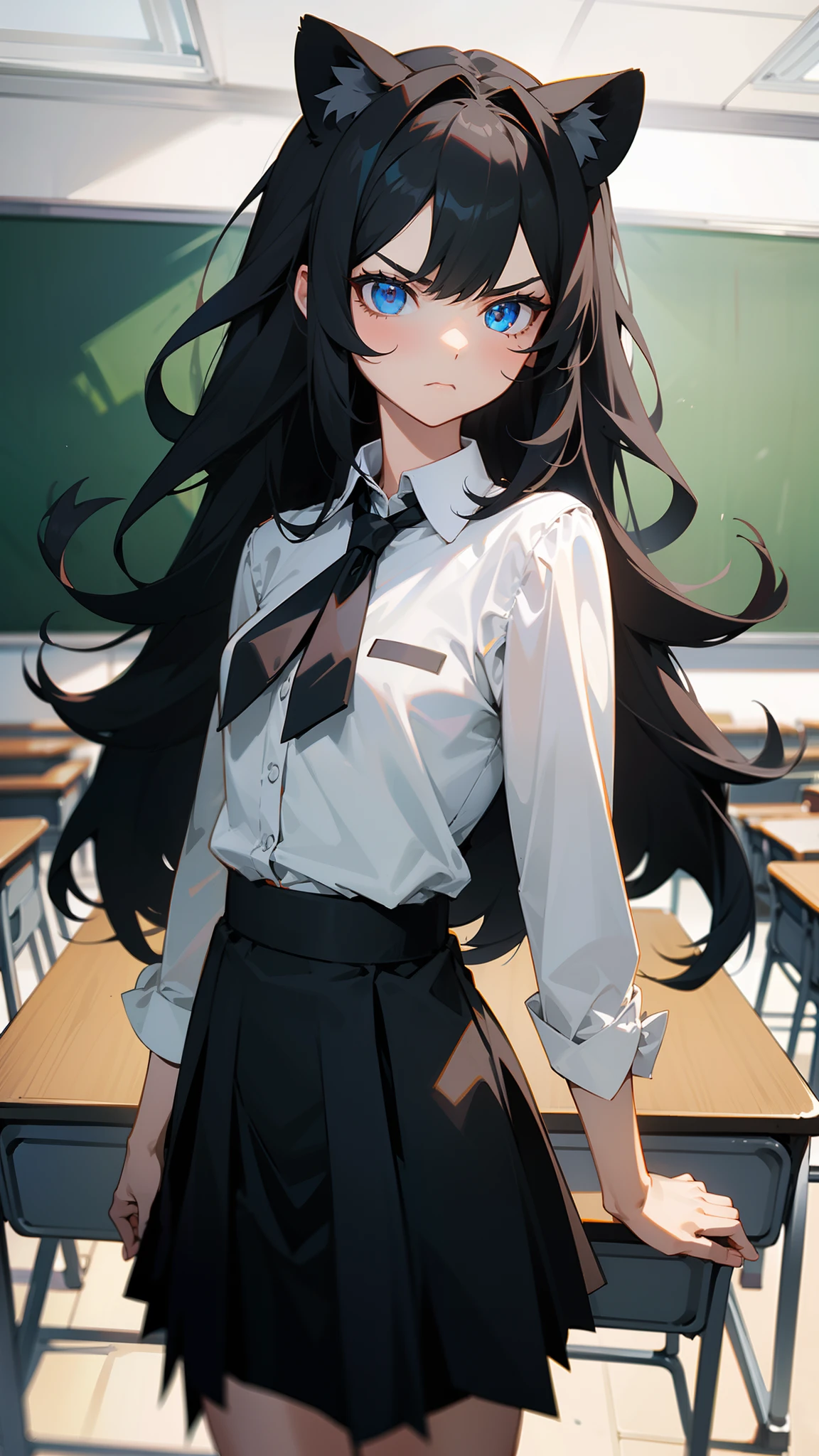 1girl,20s,solo,white shirk,black tie,black skirt,long hair,lion ears,black hair,serious face,Lion's mane hair,blue eyes((,standing in classroom)),cowboy shot