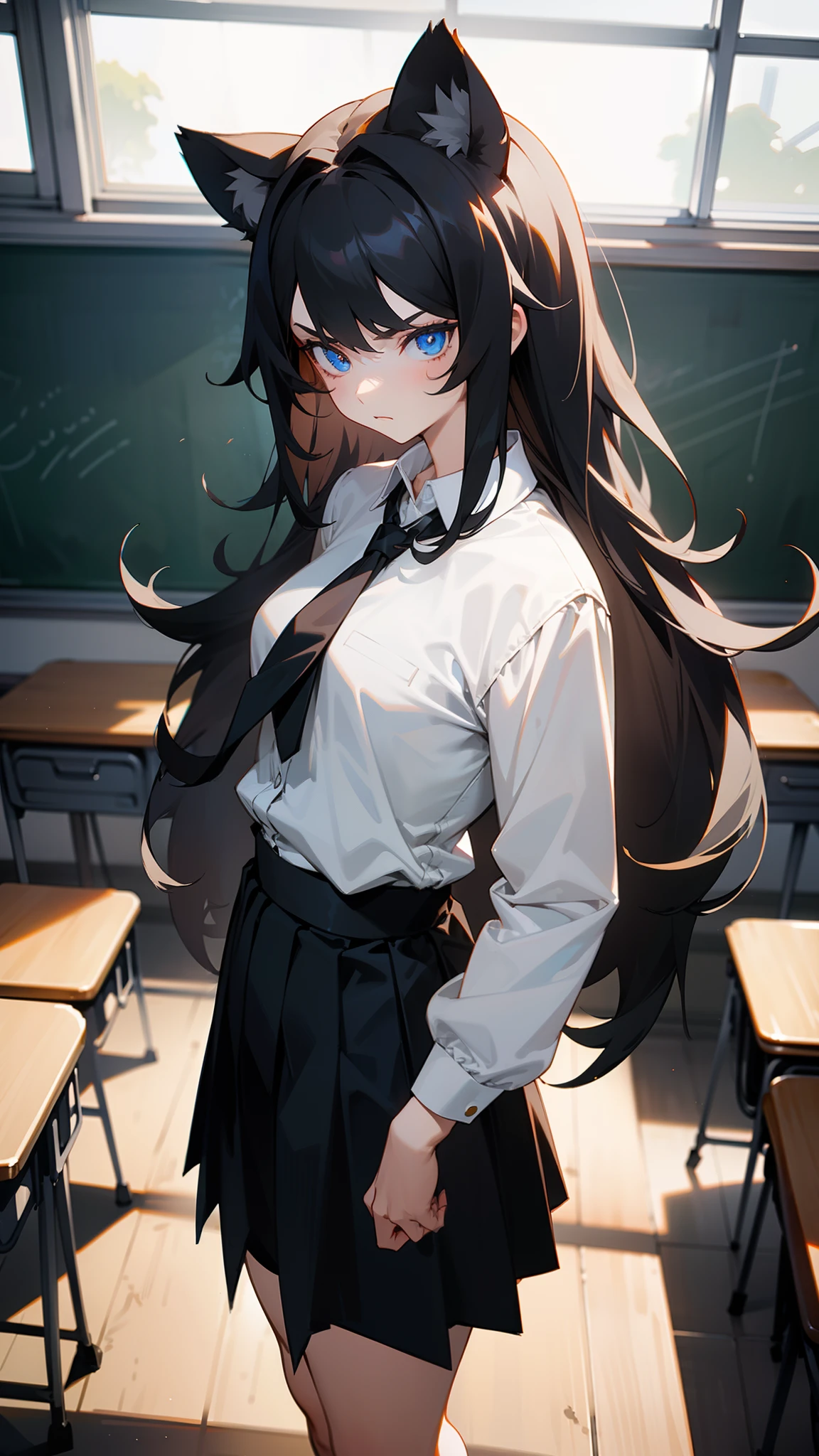 1girl,20s,solo,white shirk,black tie,black skirt,long hair,lion ears,black hair,serious face,Lion's mane hair,blue eyes((,standing in classroom)),cowboy shot