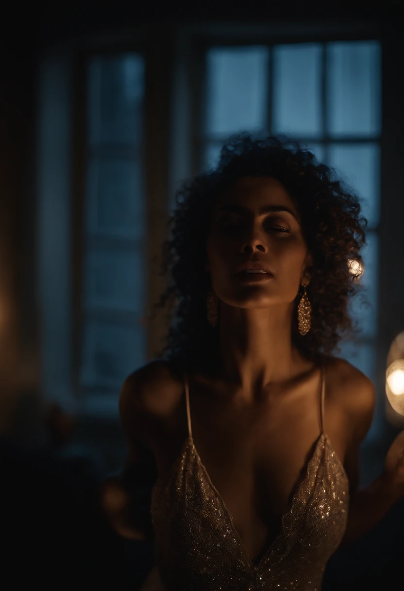 mulher negra de cabelo crespo, Dancing sensually, Moonlight lighting coming in through the dark room window, fotografia de cinema, vestida com roupa interior