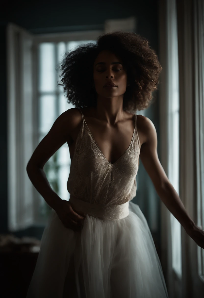 mulher negra de cabelo crespo, Dancing sensually, Moonlight lighting coming in through the dark room window, fotografia de cinema, vestida com roupa interior