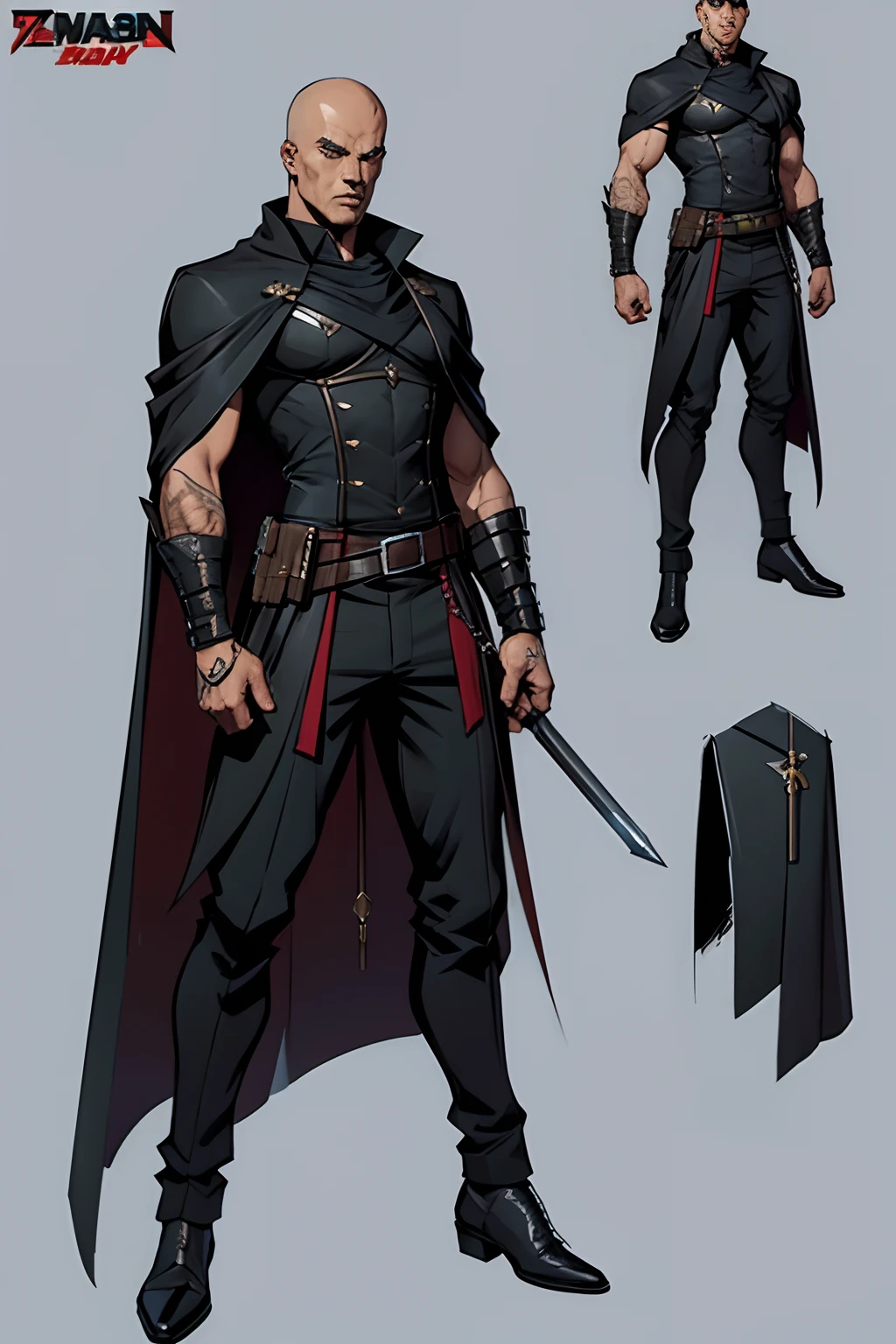 Male Hitman, assassin, Brutal Killer Concept Art, His costume has a cape, a closeup of a, Male thug, new costume concept design, clear outfit design, detailed full body concept art, detailed full body concept