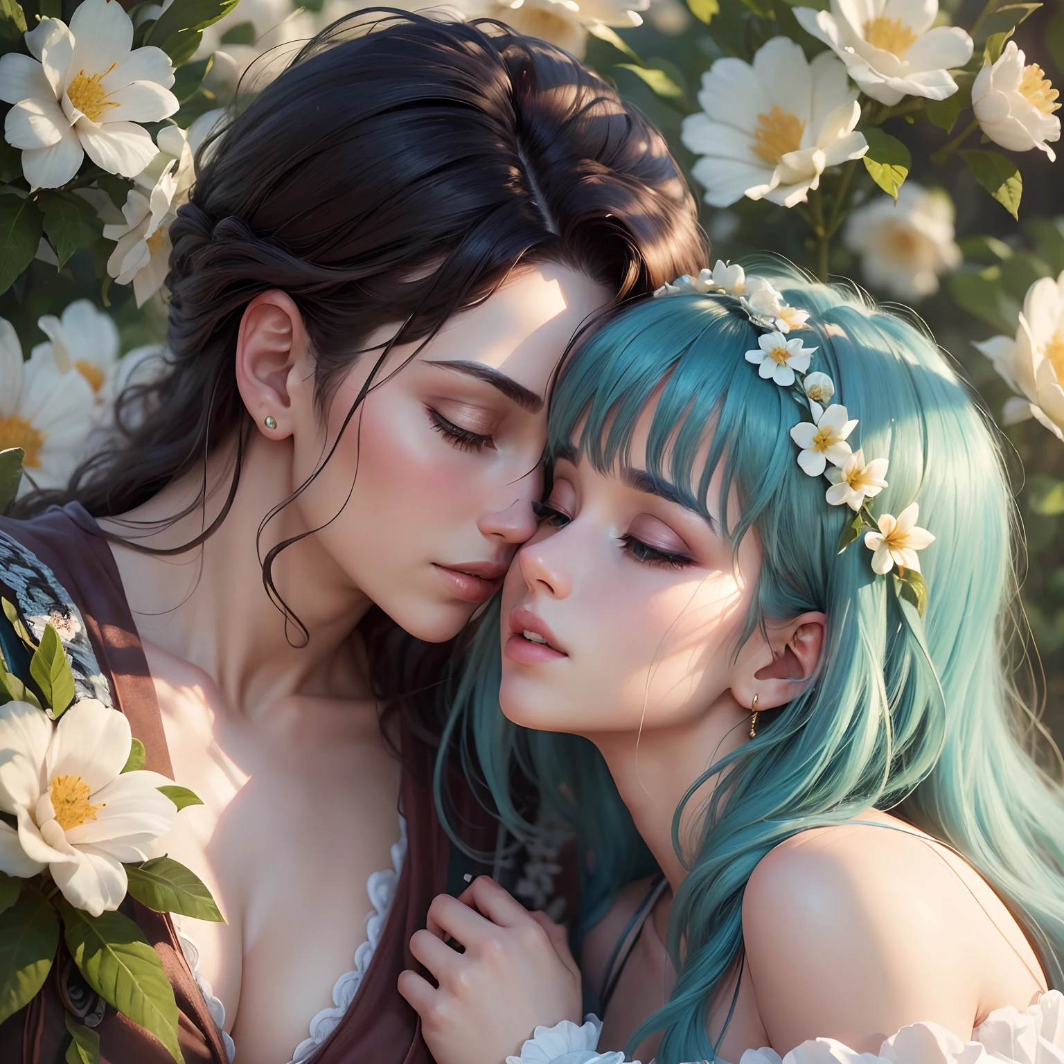 (best quality,4k,8k,highres,masterpiece:1.2),ultra-detailed,(realistic,photorealistic,photo-realistic:1.37),loving,romantic Bulma and Vegeta in a beautiful garden, passionate,realistic kiss,detailed and vibrant colors,sparkling in the sunlight,expressive eyes,breathless intensity,passionate embrace,soft and flowing hair,surrounded by blooming flowers and greenery,pure and delicate touches,long eyelashes,tender affection,muscular and powerful figures,elegantly flowing clothes,subtle and warm lighting.