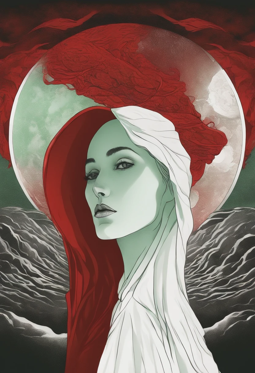 Faceless female cosmic entity with body made of White marble and wearing red dress surrounded by dark mist of green color and Halo of red light clock in the background+Concept Artwork Hugo Pratt+ MC Escher style fusion,Anime 80s aesthetic ,Ink drawing, tumblr, Terror80s,conceptual art, 4K digital art, Lovecraft,dramatic ligths, perfeccionist models,Dark tones,melancholic art, Printing under red Bristol paper--air: 4:5