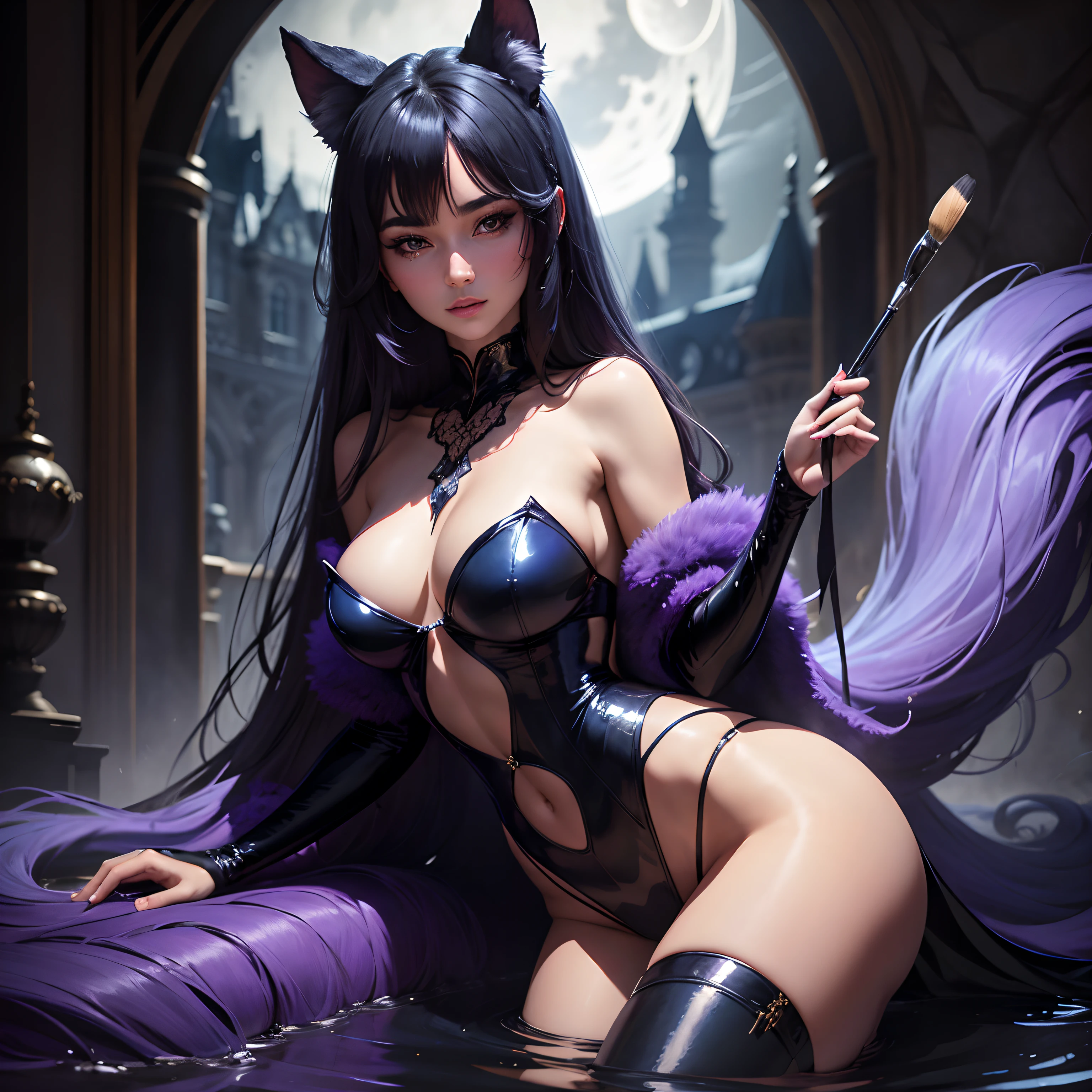 A bewitching and alluring portrayal of Loona, her sleek fur glistening under moonlit shadows. Rendered in meticulous detail, her seductive gaze captures the viewer's attention, as luxurious strands of fur cascade gracefully around her. The composition, bathed in hues of midnight blue and lavender, accentuates her sensuality, while each stroke of the brush brings forth a sense of realism that tantalizes the senses.
