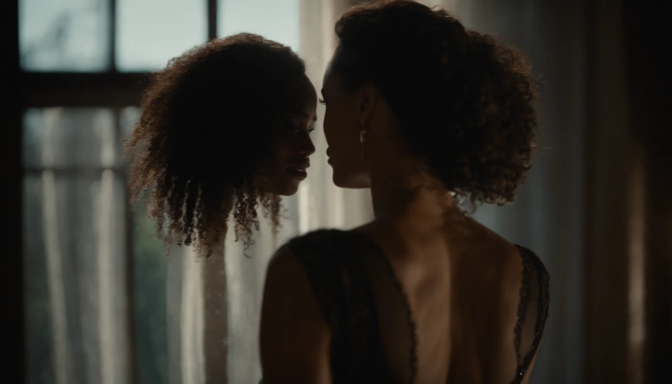 mulher negra de cabelo crespo, Dancing sensually, Moonlight lighting coming in through the dark room window, fotografia de cinema, vestida com roupa interior