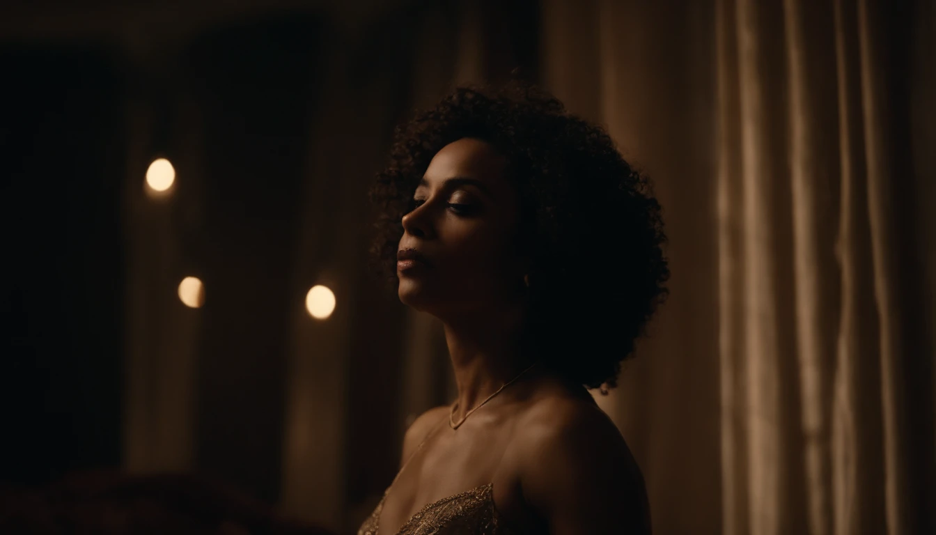 mulher negra de cabelo crespo, Dancing sensually, Moonlight lighting coming in through the dark room window, fotografia de cinema, vestida com roupa interior