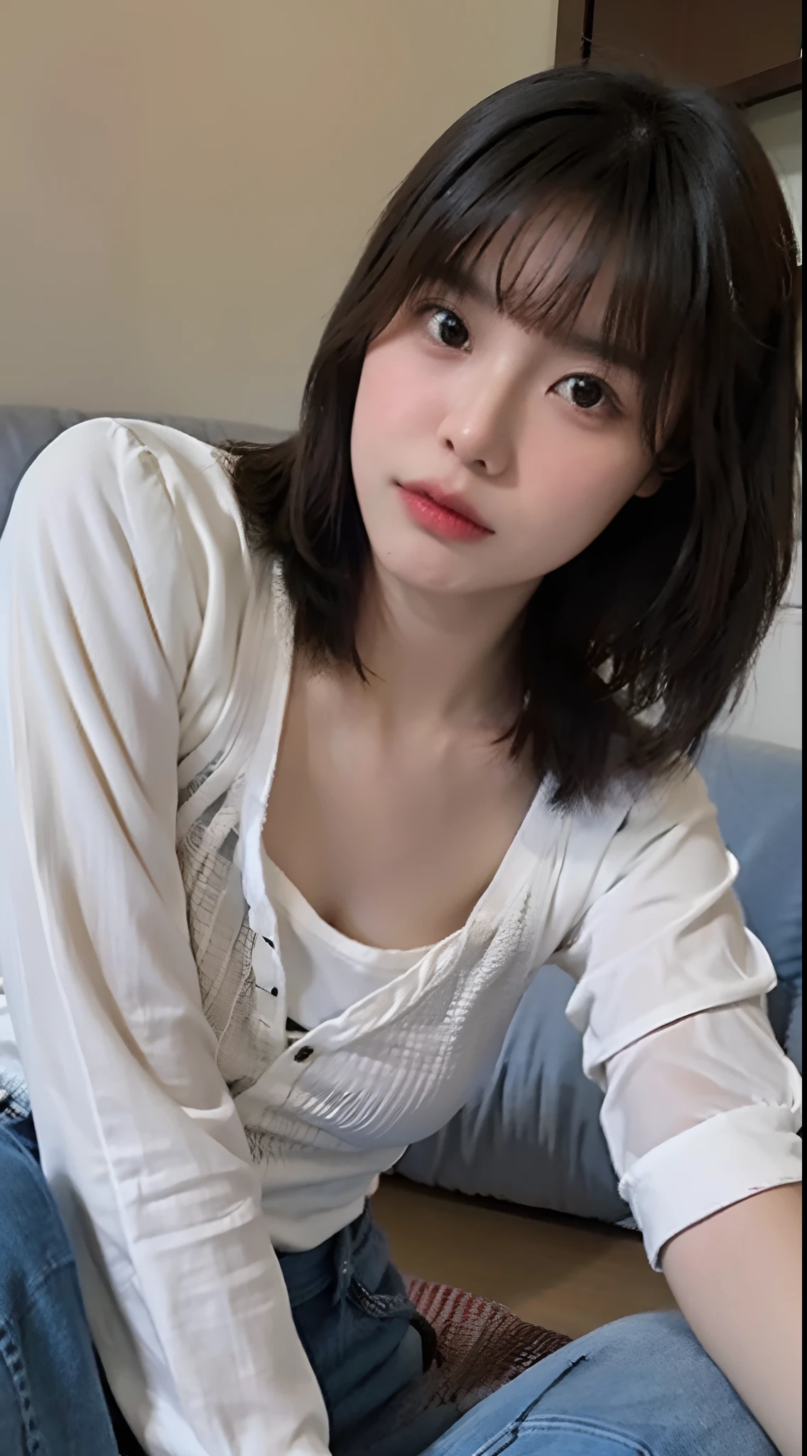 masutepiece, Best Quality, Ultra-detailed, finely detail, hight resolution, 8K, Perfect dynamic composition,a bed、(((pantyshot)))、(((Woman looking at smartphone)))、White uniform、Red mini skirt、White panty、Japan 18-year-old woman、 Beautiful detailed eyes,  Medium short hair, Natural Color Lip,F Cup Breasts、cute smile face、bangss、Seen from the side