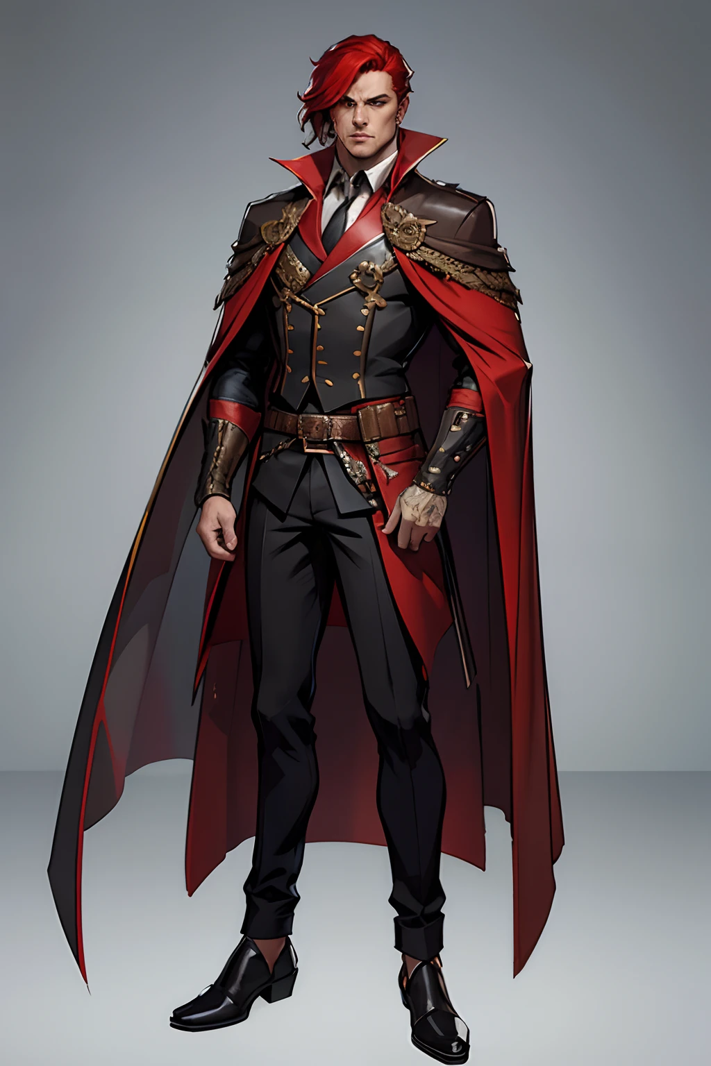 Male drug dealer with red hair, assassin, Concept art of a rich crook, His costume has a cape, a closeup of a, Male Scammer, new costume concept design, clear outfit design, detailed full body concept art, detailed full body concept
