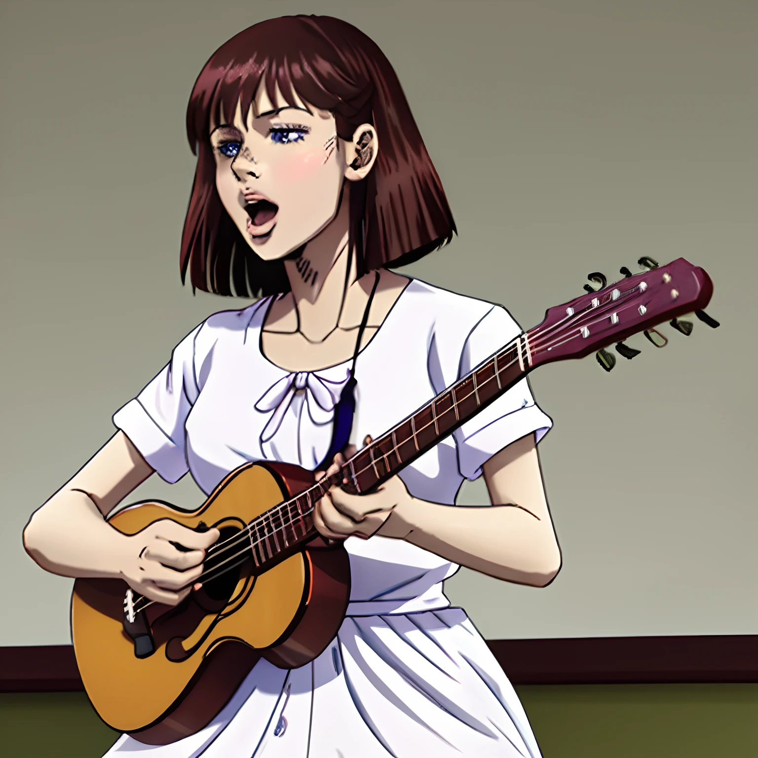 instrument, guitar, music, holding_instrument, playing_instrument, 1girl, rating:safe, electric_guitar, acoustic_guitar, violin, bass_guitar, solo, plectrum, bangs, blue_eyes, piano, blunt_bangs, (anime), short_hair, upper_body, sheet_music, bow_(instrument), brown_hair, looking_at_viewer, open_mouth, singing, white_shirt, tongue, shiny, blush