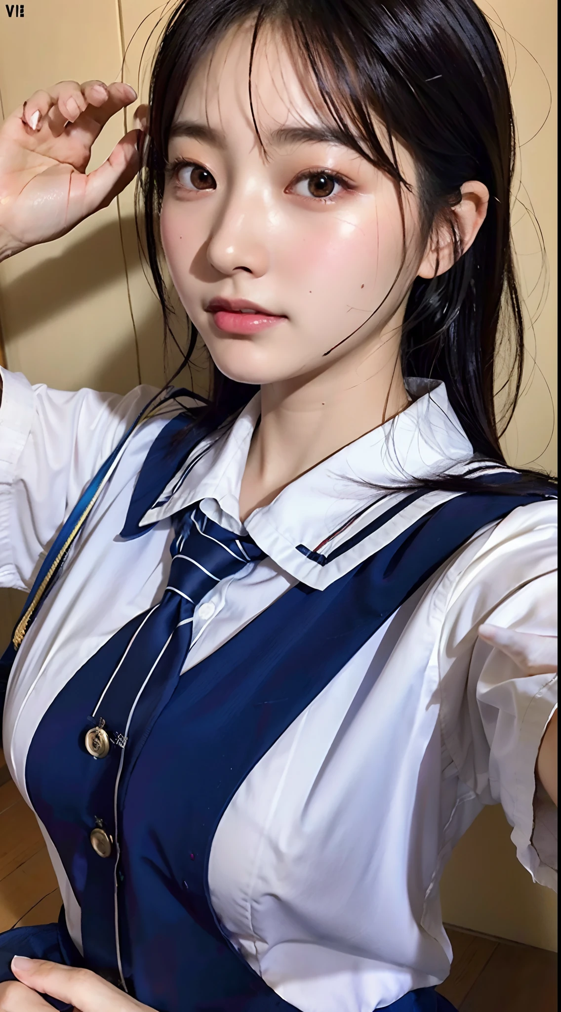 ulzzang-6500-v1.1, (Raw photo:1.2), (Photorealism), Beautiful detailed girl, Very detailed eyes and face, Beautiful detailed eyes, Huge file size, (Big), High Resolution, Very detailed, Best quality, [Masterpiece:1.6], [JK Uniform], Illustration, Very detailed, CG, Fine detail, Best quality, Very detailed CG uniform 8k wallpaper, Movie Lighting, 1 girl, , cute Japan high school girl, perfect figure, [wearing white school blouse unbuttoned], large taut breasts, [huge breasts, heavy breasts, H cup: 1.8], cute drooping eyes, beautiful big eyes, white school blouse, bra, sweaty and wet, [sexual arousal: 1.1], lying in bed: 1.5], hands raised, School uniform ribbon around neck, smile, (the whole body is wet), shining eyes