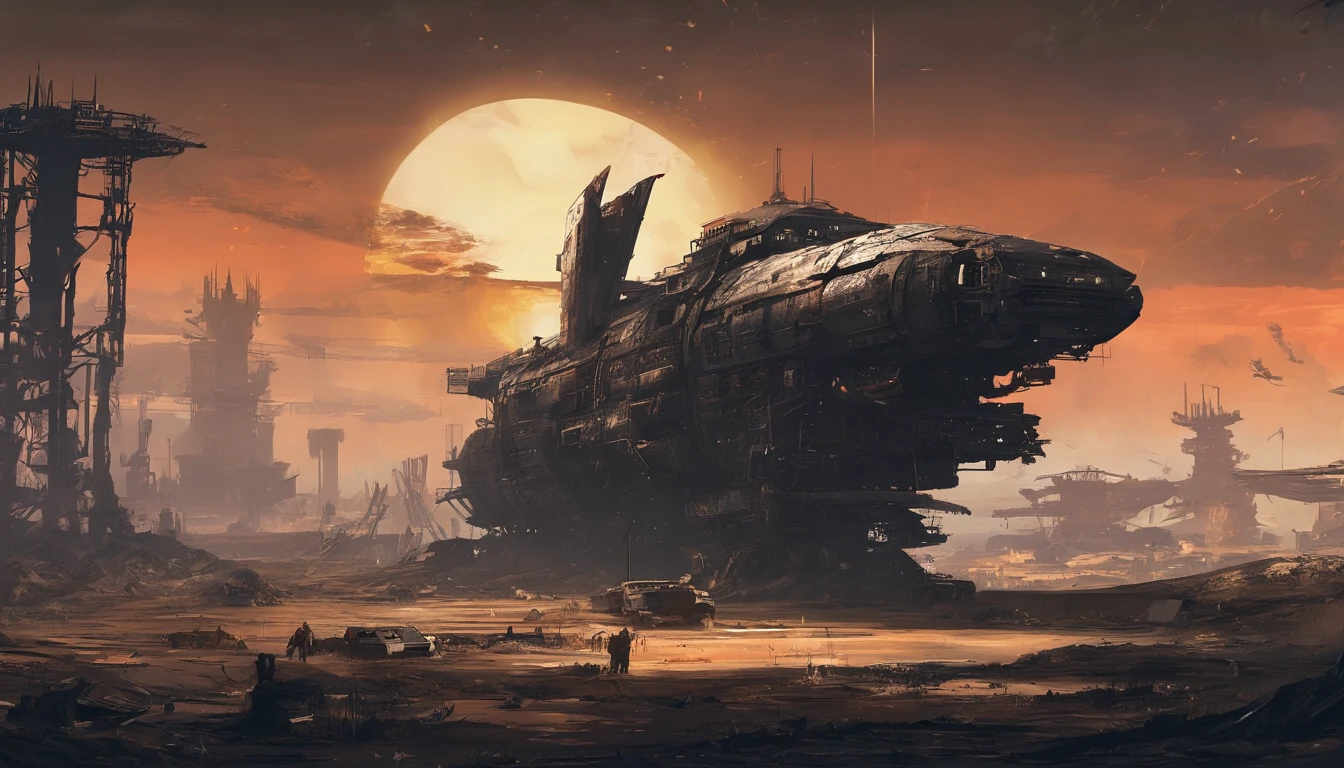 Post-apocalyptic wars, dark atmosphere, darkly, Dilapidated spaceship, Mechanical patches, Japanese styly, junkyard