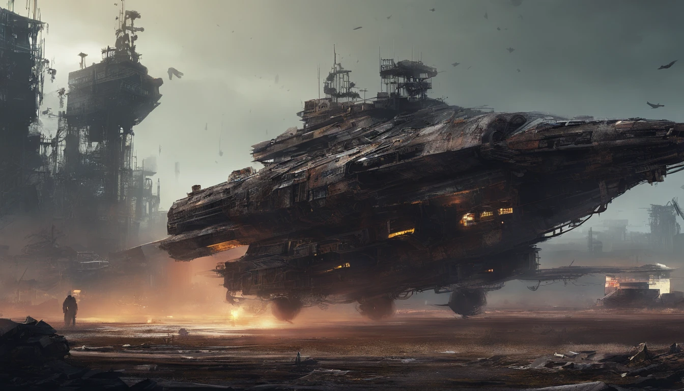 Post-apocalyptic wars, dark atmosphere, darkly, Dilapidated spaceship, Mechanical patches, Japanese styly, junkyard
