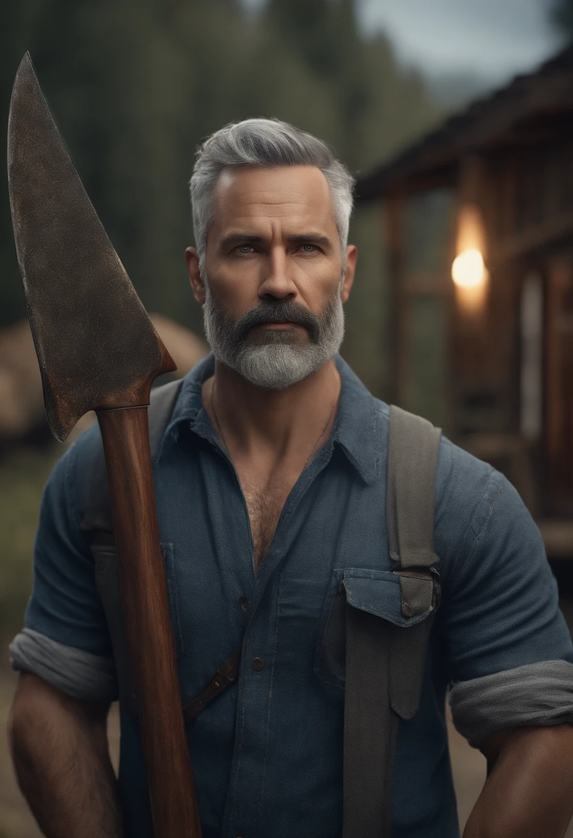 (masterpiece) finest quality, ultra-detailed, ultra-realistic, 40-year-old male, piercing gaze, average person, strong, short beard and gray hair, lumberjack shirt and slouchy jeans, (wielding his axe: 1.3) , in cold and bluish tones, in the background rustic houses and sometimes some vegetation, dynamic angle, high resolution display, realistic lighting and shadows, breathtaking.