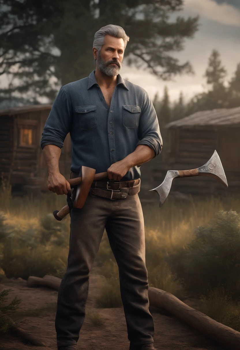 (masterpiece) finest quality, ultra-detailed, ultra-realistic, 40-year-old male, piercing gaze, average person, strong, short beard and gray hair, lumberjack shirt and slouchy jeans, (wielding his axe: 1.3) , in cold and bluish tones, in the background rustic houses and sometimes some vegetation, dynamic angle, high resolution display, realistic lighting and shadows, breathtaking.