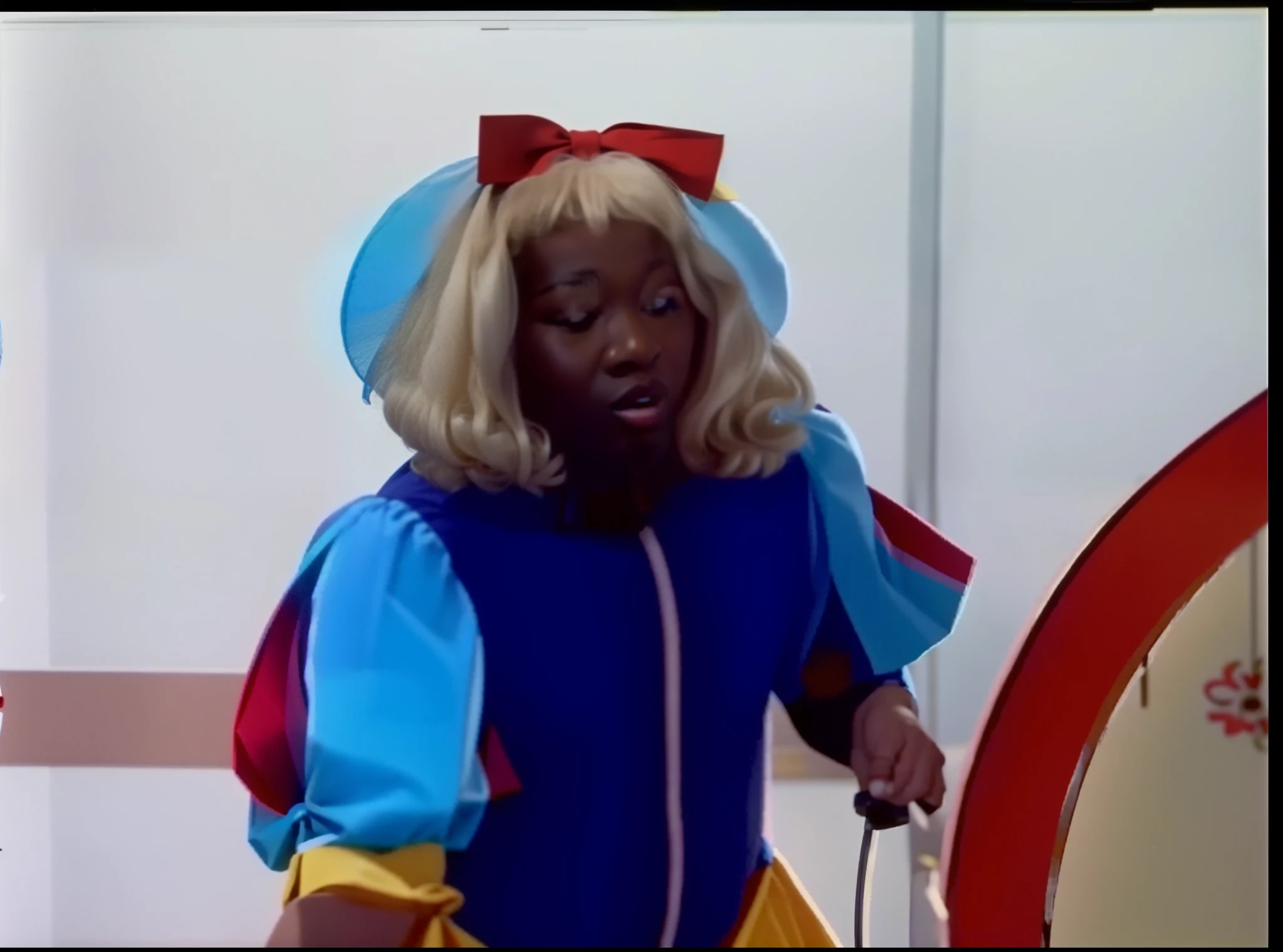 Araffe dressed as a snow white with a red bow tie and blue dress, 1 9 8 0 s children's show, VHS ScreenCap, videotape still from 1985, Still colored film 1 9 7 7, Huell Babineaux, Tina Turner em um traje de nabo, 9 0 s comercial de brinquedos, Captura de tela do filme de 1983