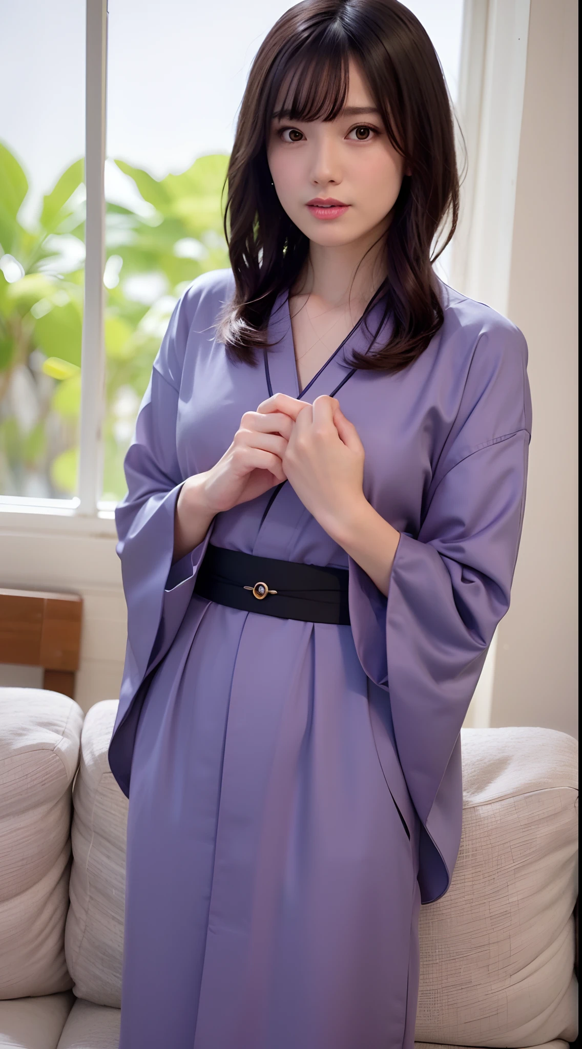 top-quality, Photorealsitic, 8K, hight resolution, 1girl in, femele, (profetional lighting), (portlate:0.6), (purple kimono dress:1.72), a gorgeous, A dark-haired, (short-hair:1.2), (1 Beholder looking into the eyes of a girl:1.4), ((Look at viewers:1.6)), (looking in camera), Photorealsitic, (bokeh dof), (Portate:0.6),