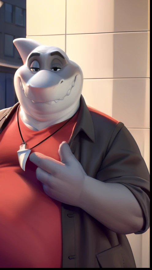 mr shark, plump, fat, belly, black eyes, (pose:1.3), (posing:1.3), (soft shading), 4k, hi res, five fingers, detailed hands, ((detailed face, (detailed eyes:1.0), detailed)), (full body), by zackarry911, by zaush, (by personalami:0.5), looking at viewer, shirt, 1boy, beown jacket, male focus, open clothes, pants, red shirt, dog tags, dark grey pants, giant head, huge head, big head